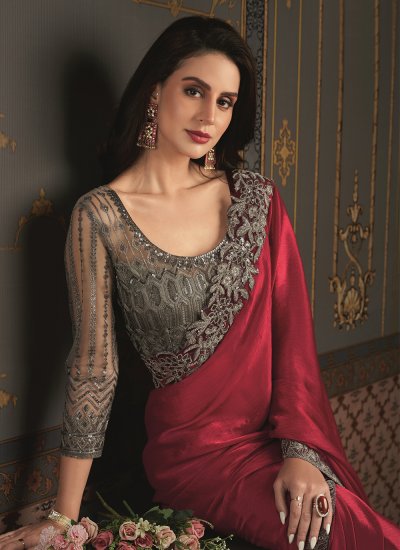 Chiffon Embroidered Classic Saree in Red