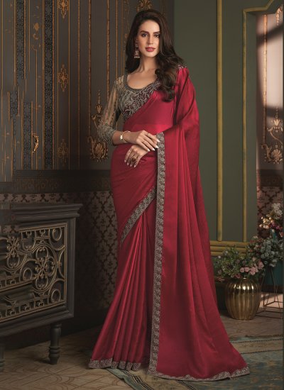 Chiffon Embroidered Classic Saree in Red