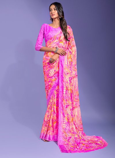 Chiffon Printed Pink Contemporary Saree