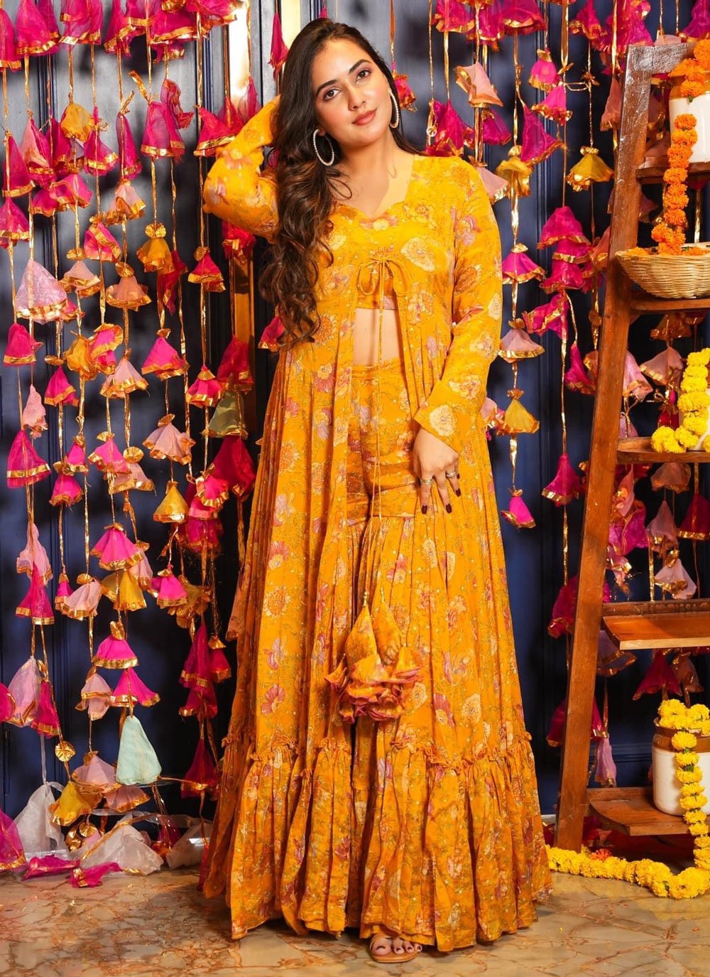 Chinon Digital Print Mustard Jacket Style Salwar Kameez