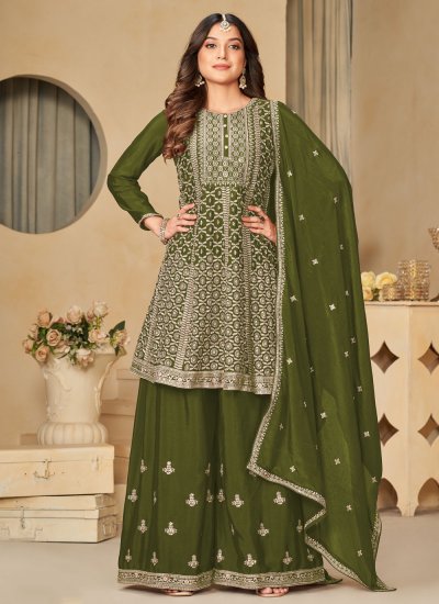 Chinon Embroidered Green Salwar Suit