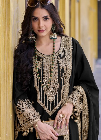Chinon Embroidered Trendy Pakistani Salwar Suit in Black