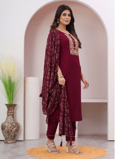 Chinon Embroidered Trendy Salwar Suit in Maroon