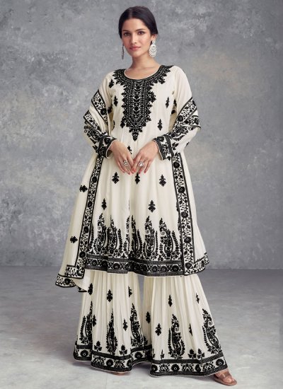 Chinon Off White Embroidered Trendy Salwar Kameez