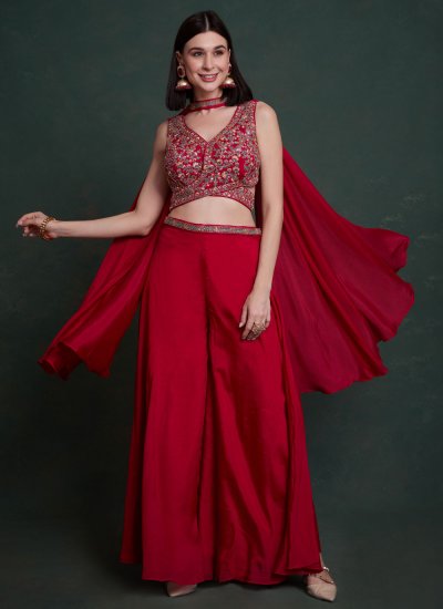 Chinon Sequins Palazzo Designer Salwar Suit in Red