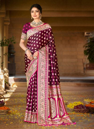 Classic Designer Saree Thread Work Satin Silk in Magenta