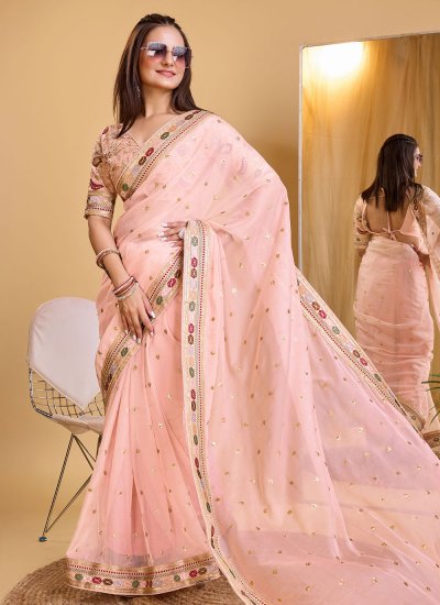 Classic Saree Embroidered Organza in Rose Pink