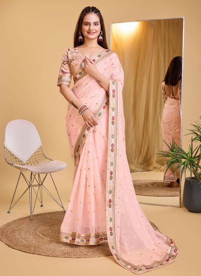 Classic Saree Embroidered Organza in Rose Pink