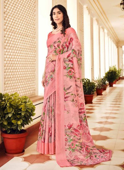 Classic Saree Floral Print Chiffon in Rose Pink
