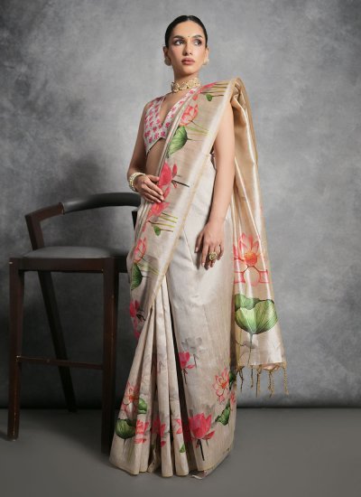 Classic Saree Printed Tussar Silk in Cream