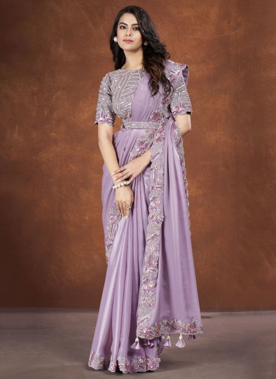 Classic Saree Thread Work Satin in Lavender