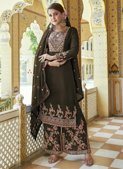 Chinon Fabric Reception Wear Embroidered Readymade Designer Palazzo Salwar  Kameez In Black Color