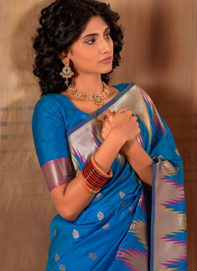 Compelling Blue Banarasi Silk Trendy Saree