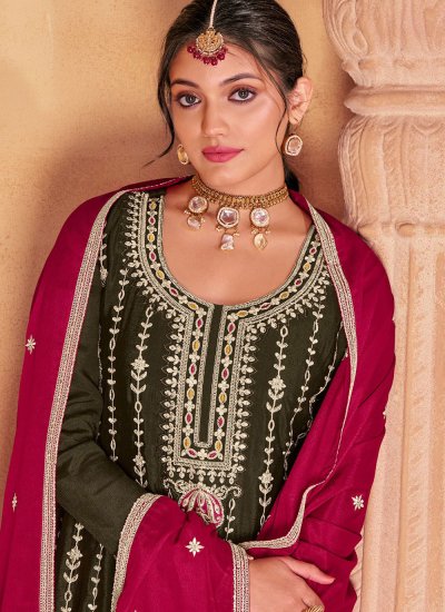 Compelling Embroidered Green and Pink Chinon Trendy Salwar Kameez