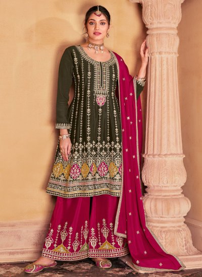 Compelling Embroidered Green and Pink Chinon Trendy Salwar Kameez
