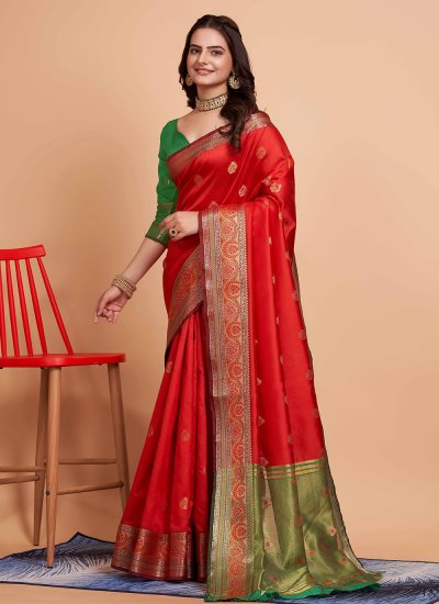 Congenial Red Banarasi Silk Contemporary Saree