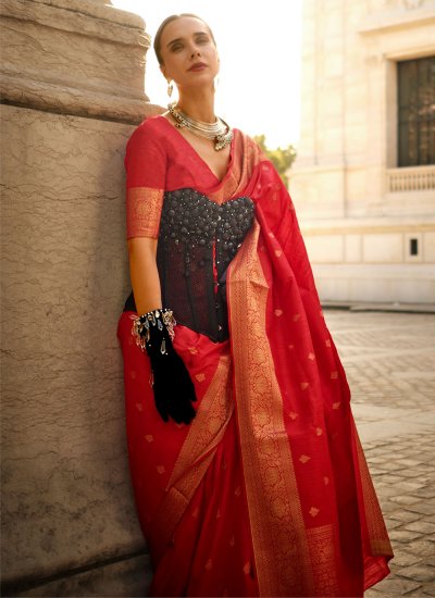 Congenial Red Weaving Contemporary Saree