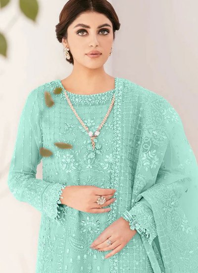 Conspicuous Embroidered Organza Sea Green Trendy Salwar Kameez