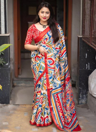 Contemporary Saree Printed Cotton in Red