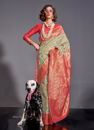 Contemporary Saree Weaving Handloom silk in Green and Red