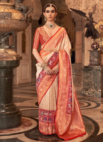 Contemporary Style Saree Meenakari Banarasi Silk in Cream