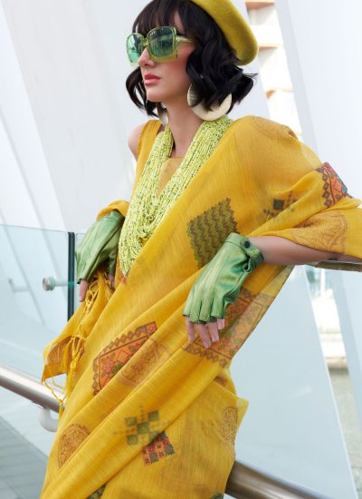 Contemporary Style Saree Printed Tissue in Yellow