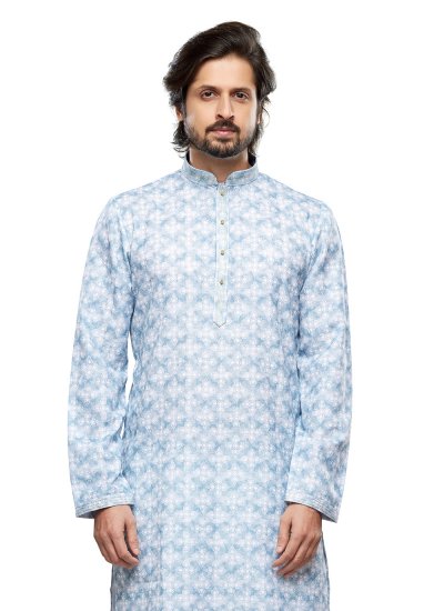 Cotton Digital Print Blue Kurta Pyjama