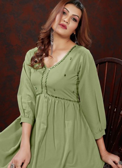 Cotton Embroidered Party Wear Kurti in Green