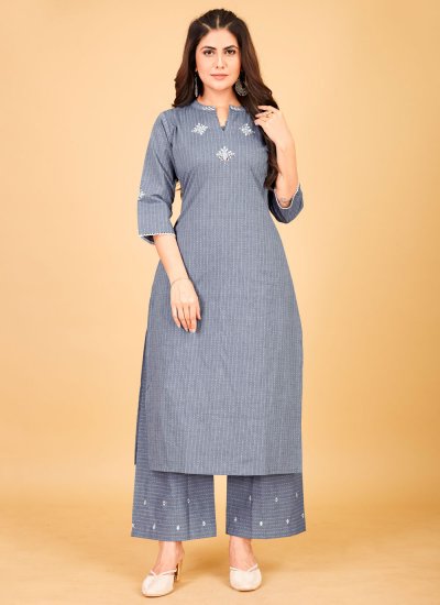 Cotton Embroidered Party Wear Kurti in Grey