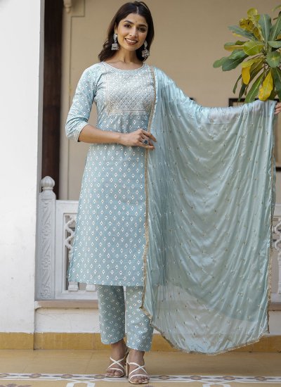 Cotton Embroidered Trendy Salwar Suit in Aqua Blue