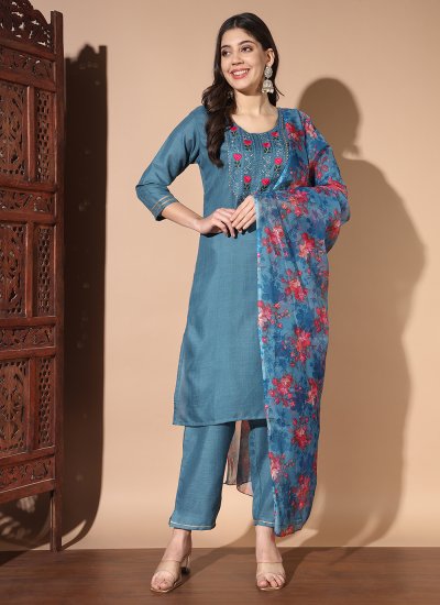 Cotton Embroidered Trendy Salwar Suit in Blue