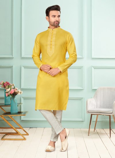 Cotton Fancy Kurta Pyjama in Yellow