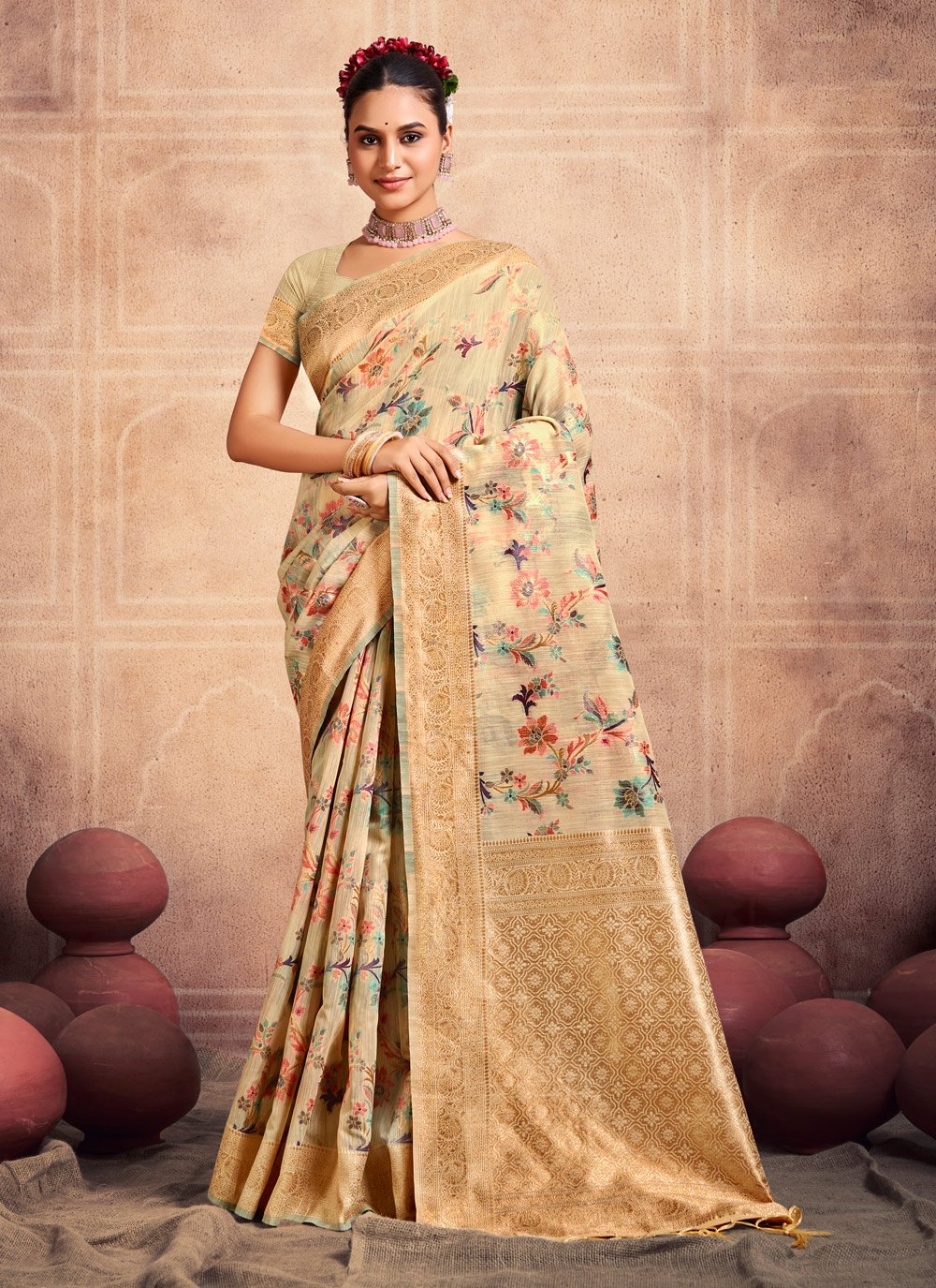 Buy Siril Printed, Geometric Print, Floral Print Banarasi Cotton Silk  Purple, Blue, Beige Sarees Online @ Best Price In India | Flipkart.com