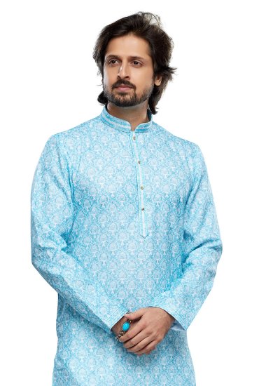 Cotton Kurta Pyjama in Aqua Blue