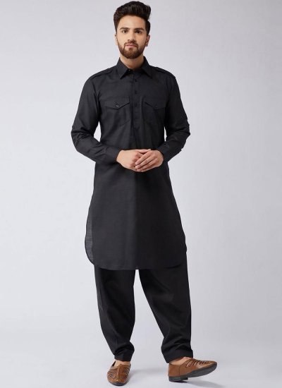 Cotton Kurta Pyjama in Black