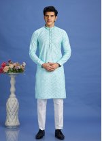 Cotton Kurta Pyjama in Turquoise