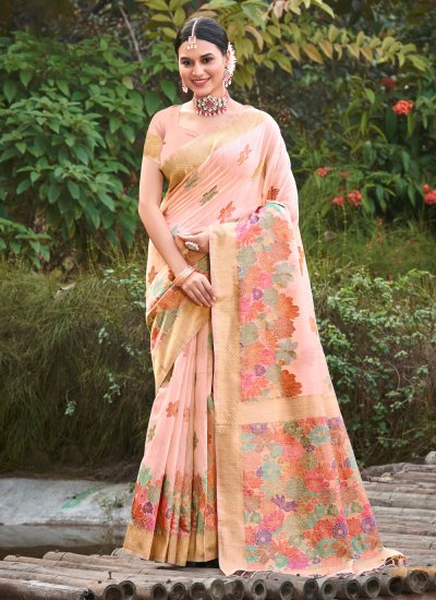 Cotton Pink Floral Print Designer Traditional Saree