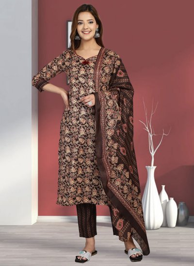 Cotton Printed Trendy Salwar Suit in Brown