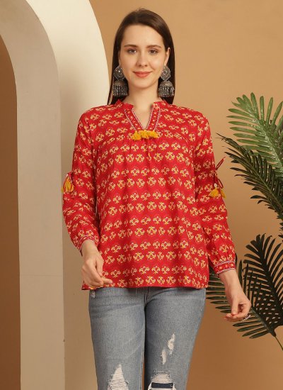 Cotton Red Printed Party Wear Kurti