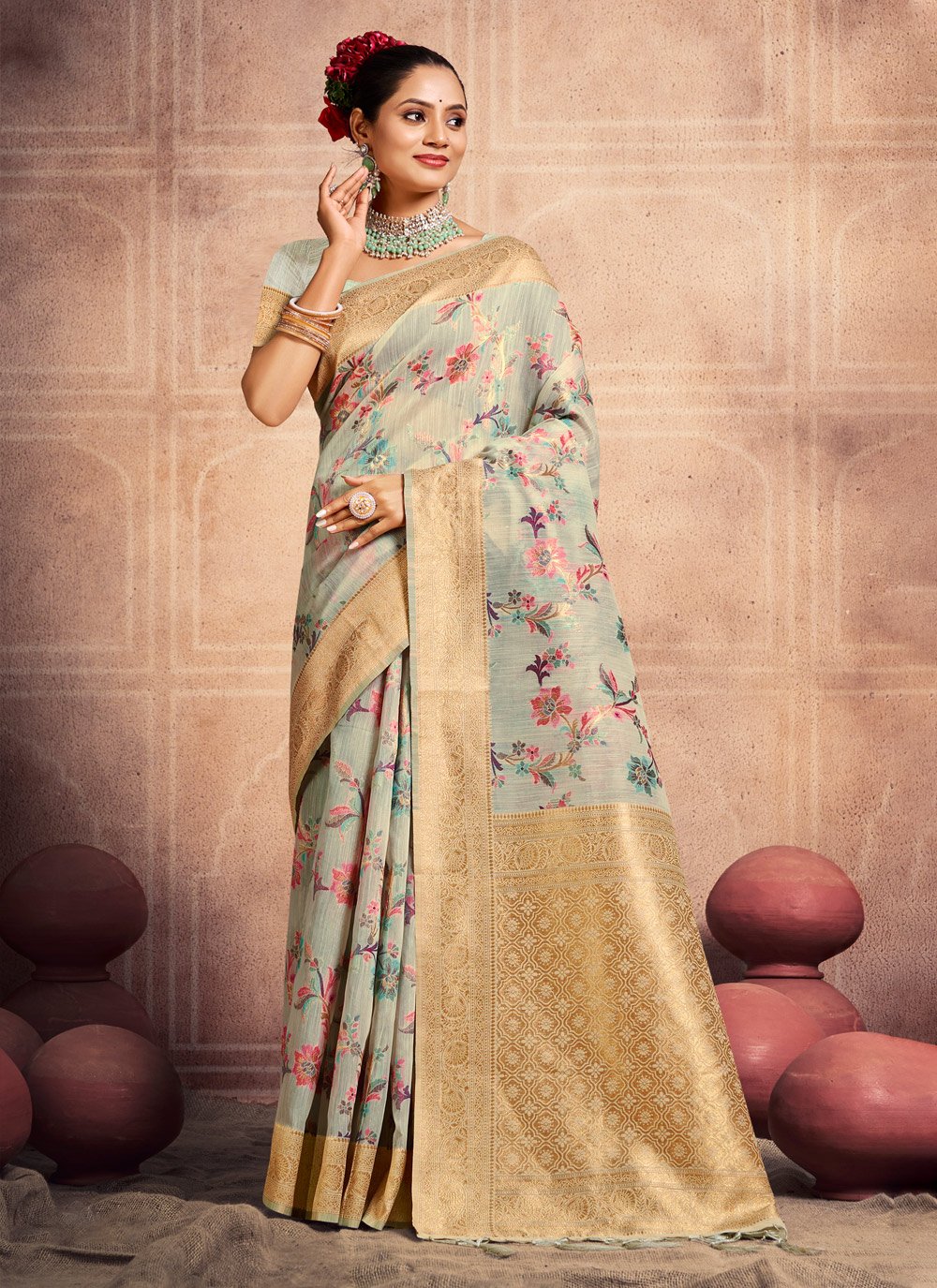 Saree : Beige georgette floral printed designer saree with ...