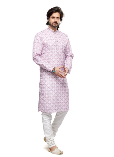 Cotton Thread Work Kurta Pyjama in Pink