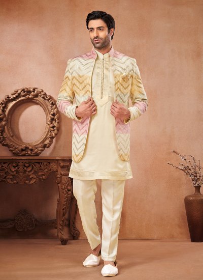 Cream and Multi Colour Art Banarasi Silk Wedding Jodhpuri Suit