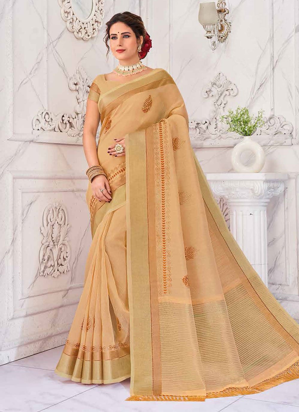 Indian Weightless Georgette Saree Cream Color High Quality Embroidery Work  On Blouse