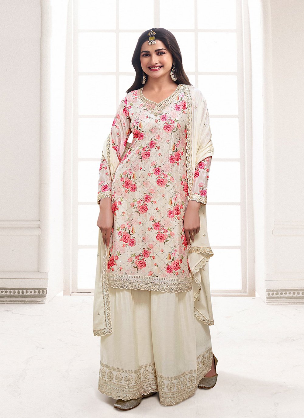 Cream Embroidered Designer Palazzo Salwar Kameez