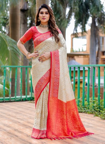 Cream Kanjivaram Silk Weaving Contemporary Saree