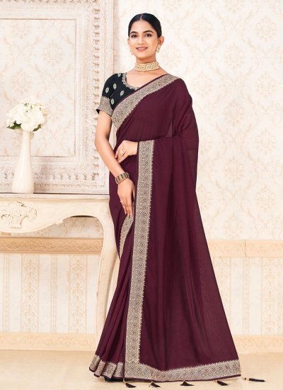 Customary Zari Wine Vichitra Silk Contemporary Saree