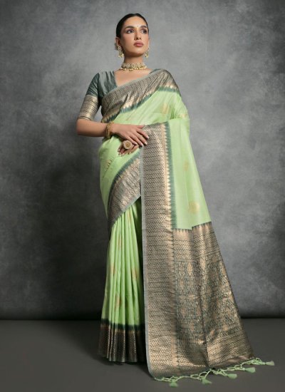 Cute Green Woven Tussar Silk Contemporary Saree