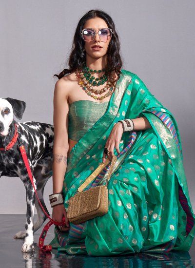 Cute Silk Green Woven Contemporary Saree