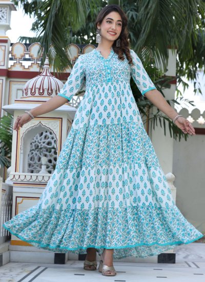 Dashing Printed Viscose Blue Trendy Gown