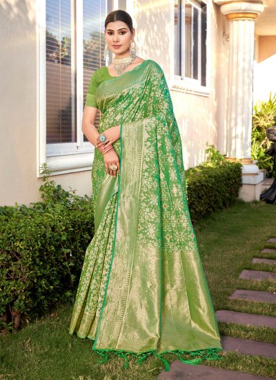 Dashing Weaving Cotton Green Designer Traditional Saree